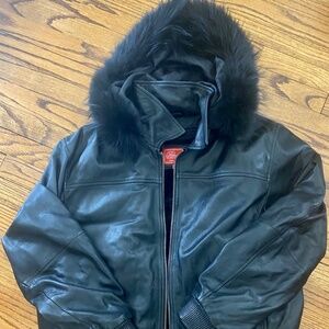 Women's Black Leather Bomber Jacket by Bhogalli. Hood, Lining, Zipper. S. L